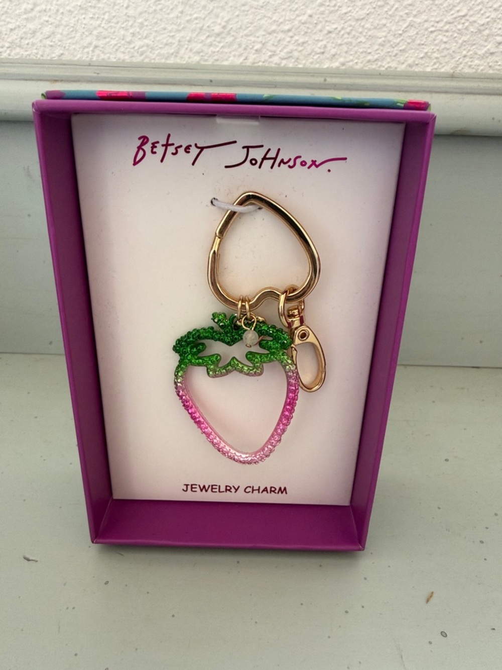 Betsey Johnson Pink and Green Strawberry Charm Keyring